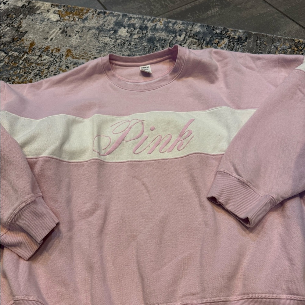 PINK Victoria's Secret Blush and White Crew Neck Sweater